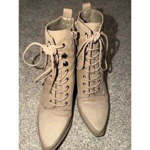 Y2K Pointed Victorian Combat Boot Faux Suede Tan Lace Up & Zip Sz 7 Women's